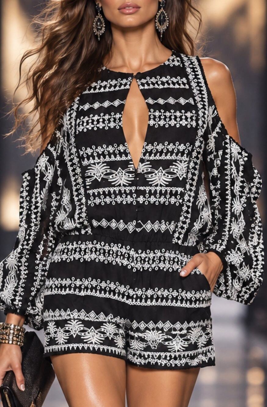 Rachel Zoe Women’s Size 4 Black White Embroidered Cold Shoulder Romper Jumpsuit